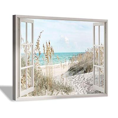 #ad Coastal Beach Picture Wall Art: Beach Theme Window Canvas Art Prints Seascape $37.77