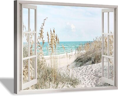 #ad Coastal Beach Picture Wall Art: Beach Theme Window Canvas Art Prints Seascape $30.89