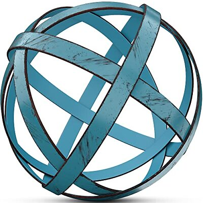 #ad Metal Decorative Sphere For Home Decor Distressed Blue Hand Painted Modern Decor $20.19