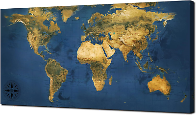 #ad World Map Wall Art Large Blue Canvas Old World Map Picture Retro Prints Vintage $67.97