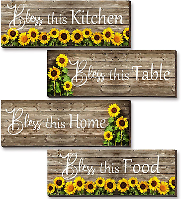 #ad 4 Pieces Sunflowers Wall Decor Bless This Kitchen Table Home Food Wood Wall Art $7.99