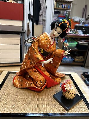 #ad Japanese doll vintage on wood bamboo base $350.00