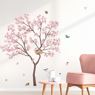 #ad Pink Blossom Tree Wall Decals Birds on Branch Wall Stickers Living Room Bedro... $20.62