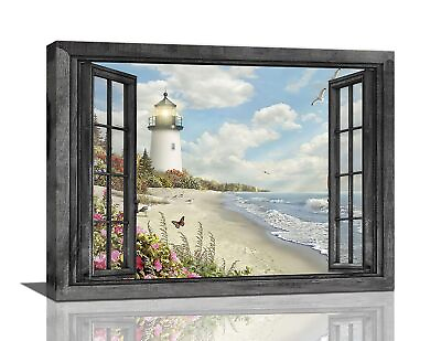 #ad Lighthouse Nautical Wall Art Coastal Beach Pictures Canvas Prints Ocean Decor... $30.22