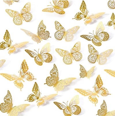 #ad 72 Pcs Gold Butterfly Decorations 3 Sizes 4 Styles 3D Butterfly Wall Decor NEW $10.49