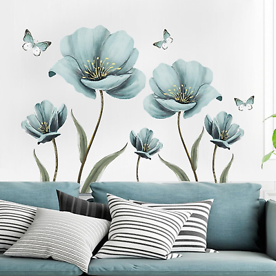 #ad Blue Flower Wall Decals Peel and Stick Floral Plants Wall Sticker Murals Viny... $18.99