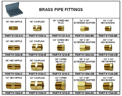#ad Brass Pipe Fitting Assortment in 20 Hole Small Metal Locking Tray $179.00