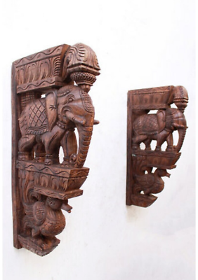 #ad Elephant Wooden Statue Corbel Pair Vintage Home Decor 2 pcs Wall Bracket Corbel $245.00