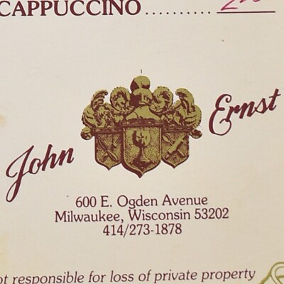 #ad 1991 John Ernst Cafe Restaurant Menu East Ogden Avenue Milwaukee Wisconsin $26.25