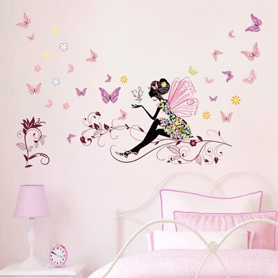 #ad Pink Butterfly Girl Wall Decals Fairy Flower Wall Art Stickers for Girls Kids... $20.62