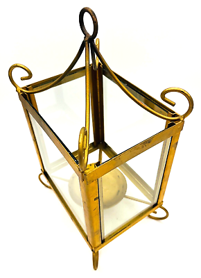 #ad Decorative Hanging Candle Lantern Brass Finish Metal w Glass Panels Home Decor $19.97