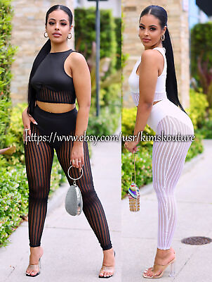 #ad Sexy Women#x27;s Sleeveless Stripe Mesh Crop Top Matching Sets Sexy Casual Comfy Set $58.99