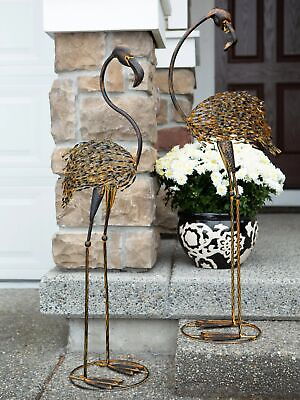 #ad 2 LARGE MODERN RECYCLED RUSTY METAL WIRE ART FLAMINGO BIRD OUTDOOR STAKE STATUE $90.60