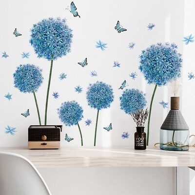 #ad Blue Dandelion Flower Wall Stickers Butterfly Wall Decals Wall Art Wall Stickers GBP 7.49