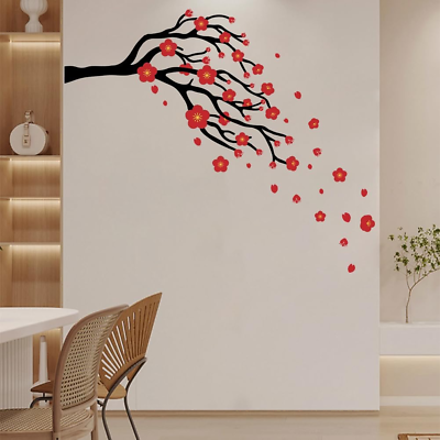 #ad Red Flower Wall Decals Black Branch Wall Sticker DIY Vegetative Wall Sticker Rem $15.86