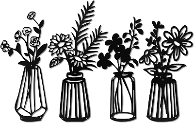 #ad Metal Art Flowers Wall Decor Set of 4 Iron Black Floral with Vases Sculpture H $29.99