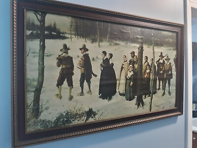 #ad #ad Large Wall Art Framed oil painting Pilgrims Going To Church 36x25 with Chain $59.97