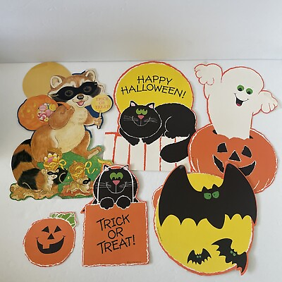 #ad Vintage Hallmark 1985 Paper Halloween Wall Decorations Cat Bat Ghost Pumpkins $35.00