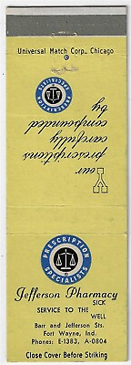 #ad Jefferson Pharmacy Fort Wayne Ind. Date 1950 59 FS Empty Matchcover $7.50