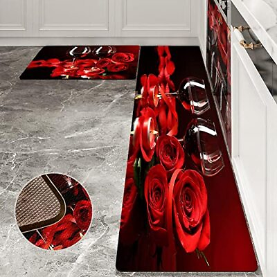 #ad AILUER Red Kitchen Rugs and Mats Set 2 Piece Red Rose Wine Kitchen Decor for ... $42.28