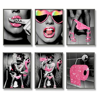 #ad Fashion Wall Art Bathroom Decor Prints Set of 6 Pink Glam Glitter Tissue Canv... $21.13