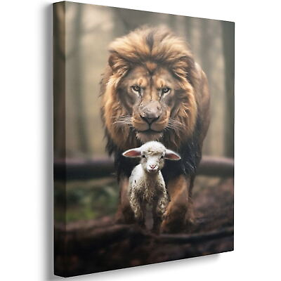 #ad Christian Wall Art Lion and Lamb Canvas Print Jesus Christ King of Judah $35.99
