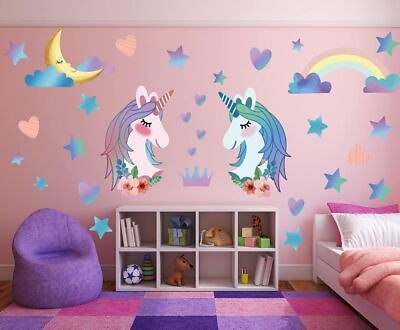 #ad Unicorn Wall Decal Stickers Large Size Unicorn Rainbow Wall Decor for Girls ... $21.19