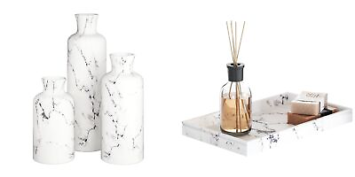 #ad Creative Scents White Marble Look Vase Set with Matching Decor Tray Perfect ... $88.59