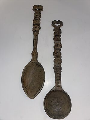 #ad Vtg Large Heavy Metal Spoon Wall Hanging Spoon Set Brown Distress 15” $19.99