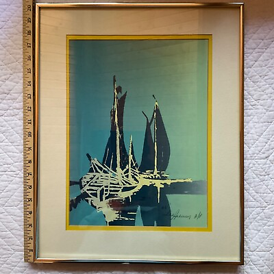 #ad Mid Century modern PRINT sail boats seascape vintage 70s framed by Auduraun? a p $236.00