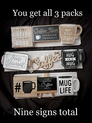#ad New 3 Packs Coffee Themed Mini Sign Set 3 Wood Signs Approx 3quot; 4quot; Tall $9.99