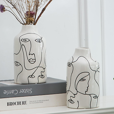 #ad Ceramic Vase Set 2Pcs White Abstract Irregular Design Flower Vases Modern Home $61.39
