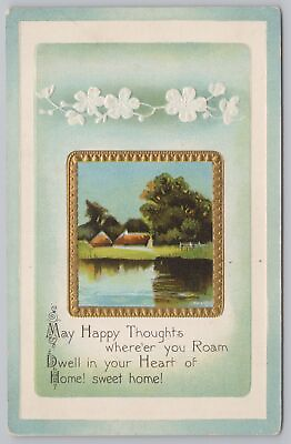 #ad Thoughts Of Home Sweet Home Lake Scene In Gold Frame White Emboss Flowers Vtg PC $2.80