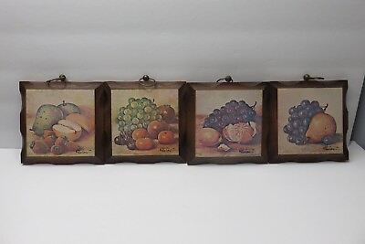 #ad #ad 4 Vintage Wood Fruit Wall Plaques Homco Home Interiors Set MCM Decor 5quot; Squares $10.99