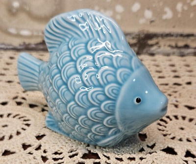 #ad Blue Ceramic Fish Figurine Beach Lake House Coastal Decor $17.00