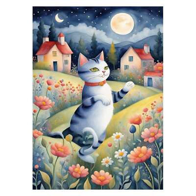 #ad ACEO ATC Art Card Watercolor Print Moonlit Whimsy A Folk Art Cat Limited Edition $3.80