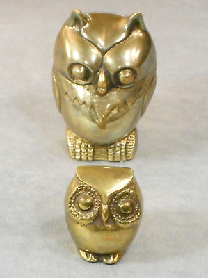 #ad Vintage Brass Owls Solid Mid Century Modern Home Decor Art Deco Set of Two $18.38