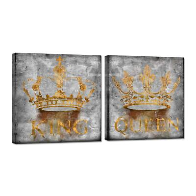 #ad 2 Pieces Queen and King Crown Wall Art Abstract Grey and Gold Romantic Pictur... $44.52