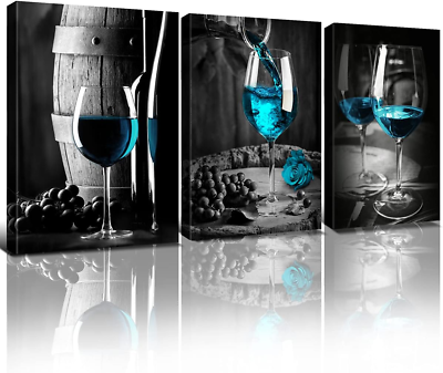 #ad Turquoise Wine Wall Art for Kitchen Teal Wall Decor Living Room Gray and Black W $36.88