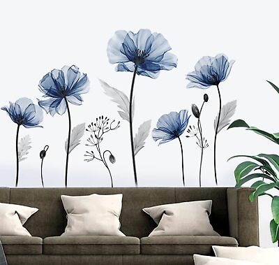 #ad Large Blue Flower Wall Decals Floral Plants Wall Stickers Bedroom Living Room... $23.73
