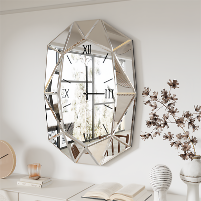 #ad Beveled 3D Mirror Roman Numeral Clock Wall Mirror for Home Fireplace Living Room $195.91