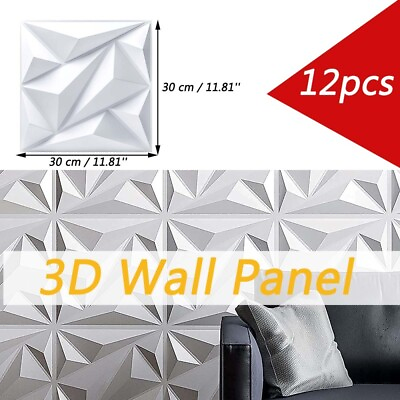 #ad 12x 3D PVC Wall Panels Diamond Design Wall Panels 30x30cm Room Decor Panel White $30.02