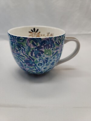 #ad Lilly Pulitzer Big Coffee Mug 16 Fl Oz Ceramic Cup 3.5quot; Blue Floral amp; Gold $14.31
