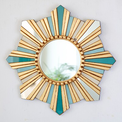 #ad Decorative Round Mirror wall 17.7in Turquoise Wooden Mirror living room decor $189.90