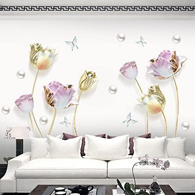#ad Large 3D Flower Wall Stickers Gold Tulip Floral Wall Art Decals for Living $26.31