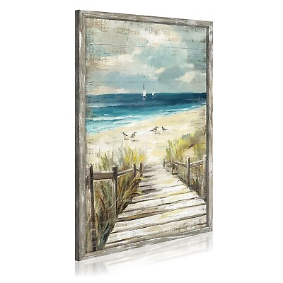 #ad Wood Framed Beach Wall Art: Calming Ocean Waves Scenery Painting Modern Seash... $104.89