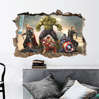 #ad 3D Art Marvel Avengers Kids Decor Hole In Wall Decal Decoration Bedroom Sticker $11.79