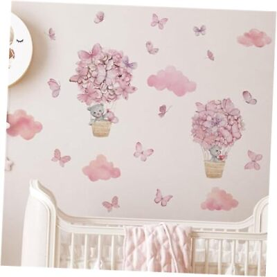 #ad Bear Flower Butterfly Pink Clouds Wall Stickers for Girls Room Hot Air J $26.99