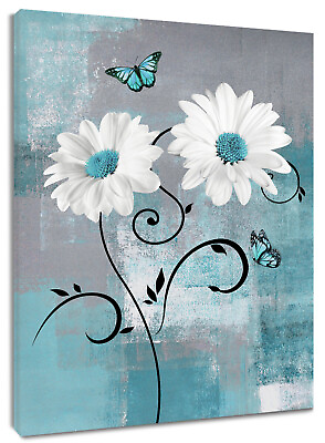#ad Retro Butterfly Teal Blue Daisy Canvas Wall Art for Bathroom Living Room Bedroom $7.99