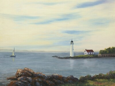 #ad Lighthouse Sailboat Nautical Seascape original 11x14 oil rustic art painting $225.00